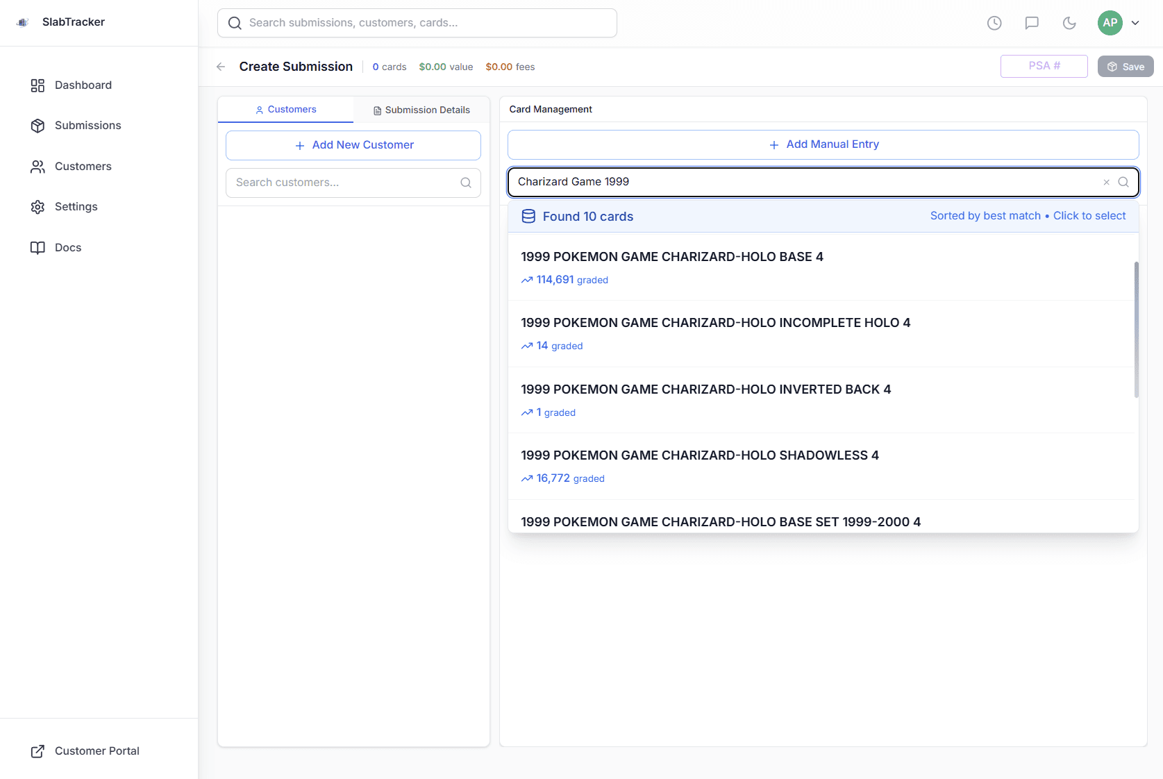 SlabTracker card search feature