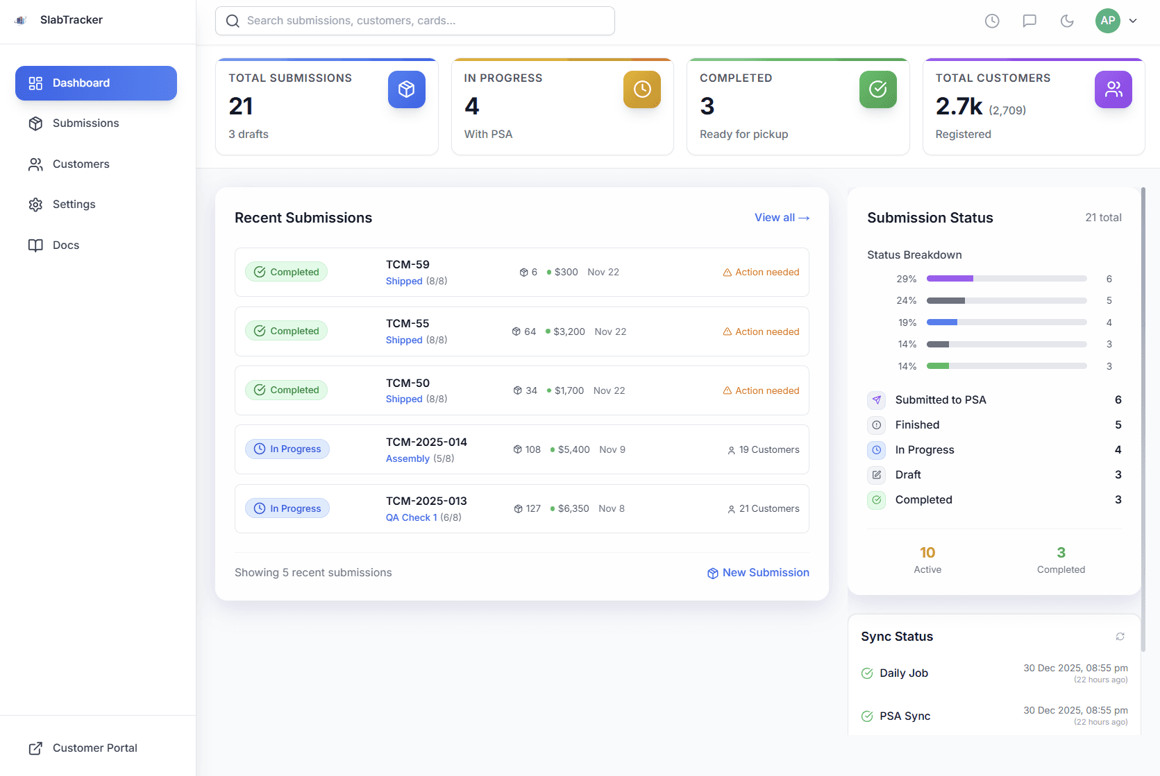 SlabTracker dashboard showing PSA submission tracking